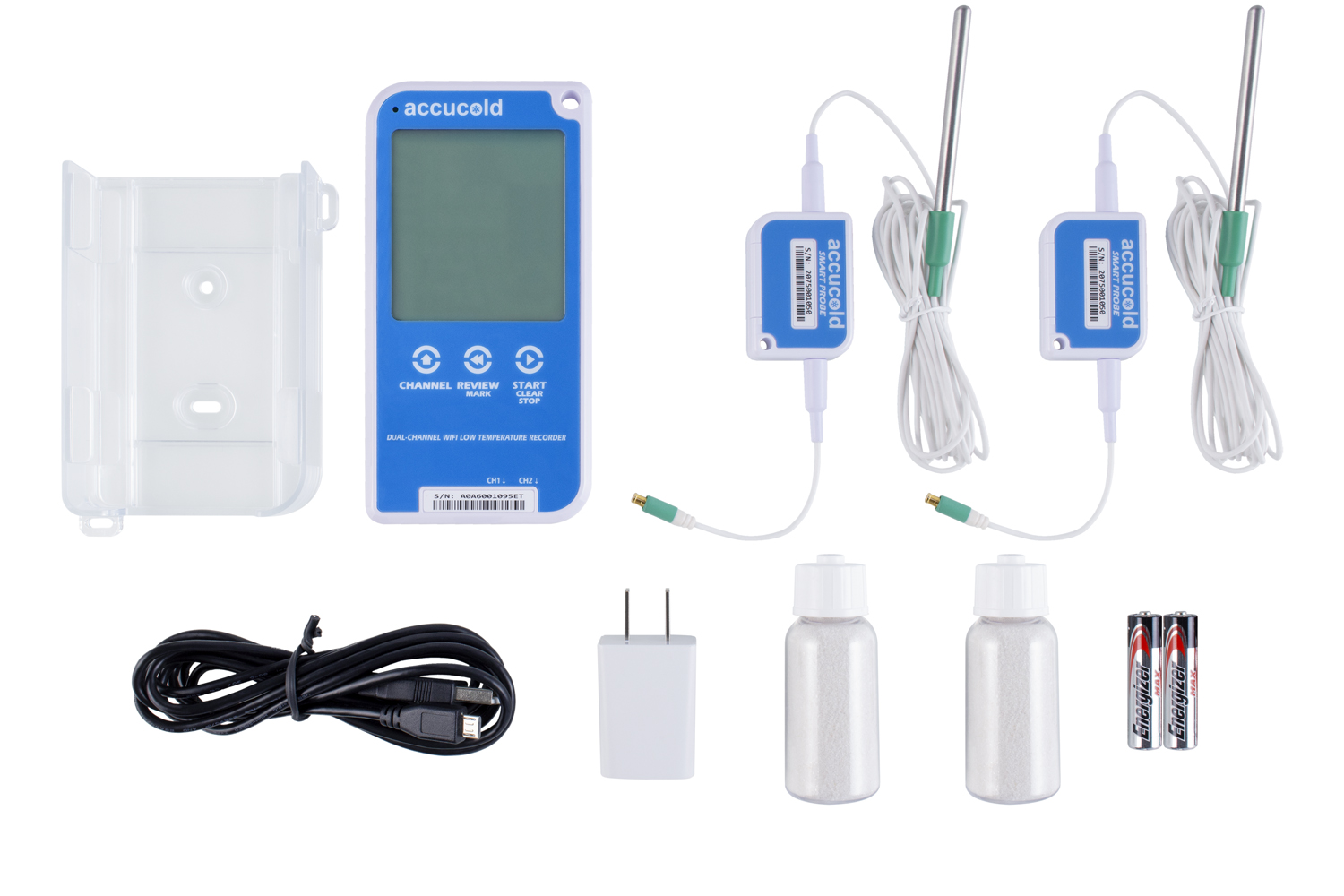 NIST calibrated wifi/Bluetooth enabled dual channel digital data logger with LCD display of the current and high/low temperature and audible/visual temperature alarm